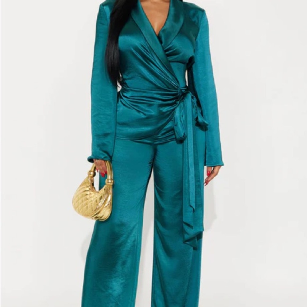 Fashion Nova Teal Satin Wrap Wide-Leg Suit